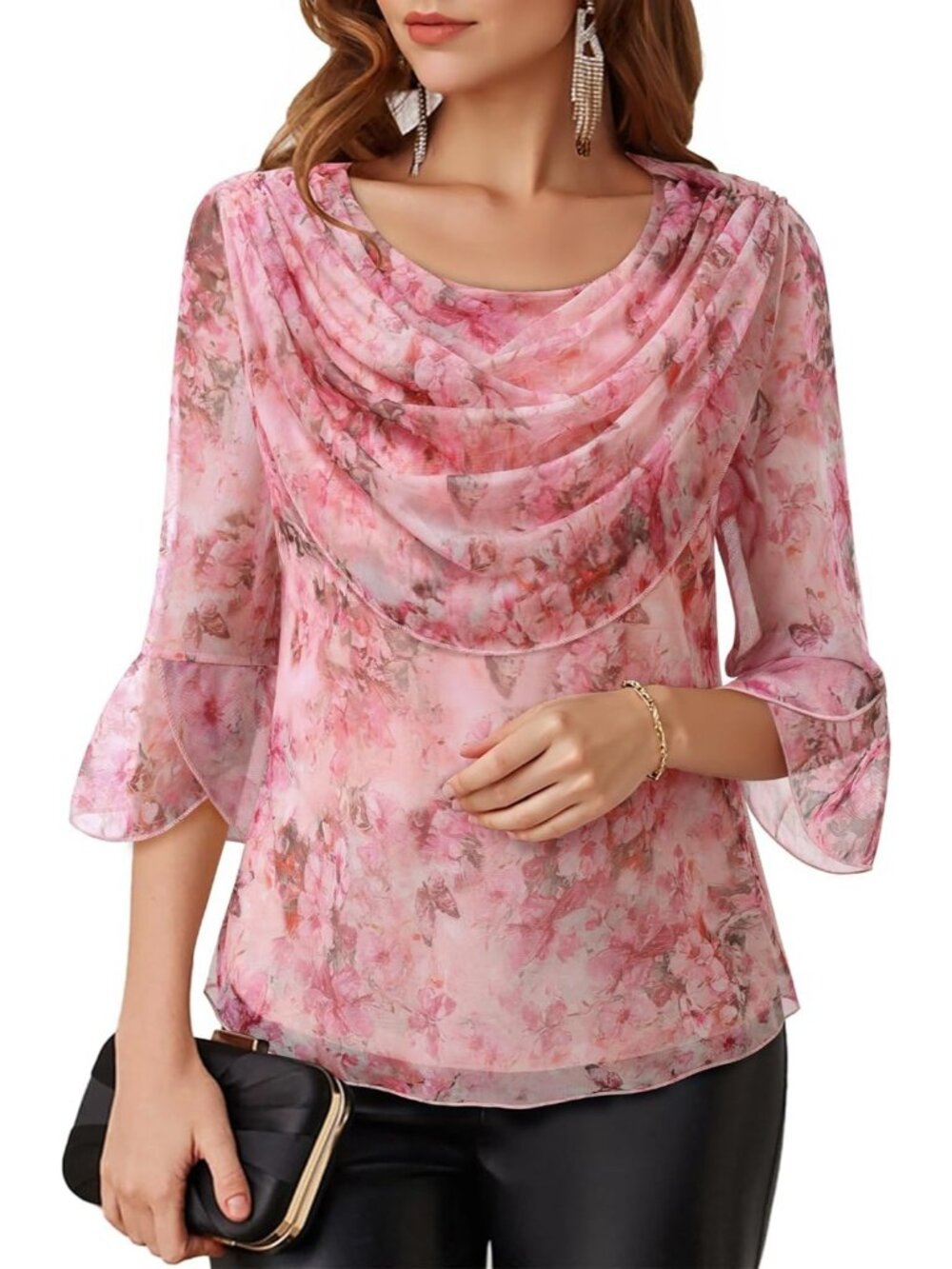Women's Pink Floral Cowl Neck Blouse Dressy Casual Outfit 3/4 Sleeve Sparkly Top